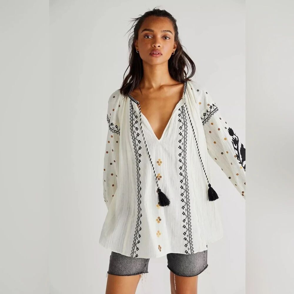 New Free People Tallie Embroidered Tunic Ivory Combo 100% Cotton S Boho festival
